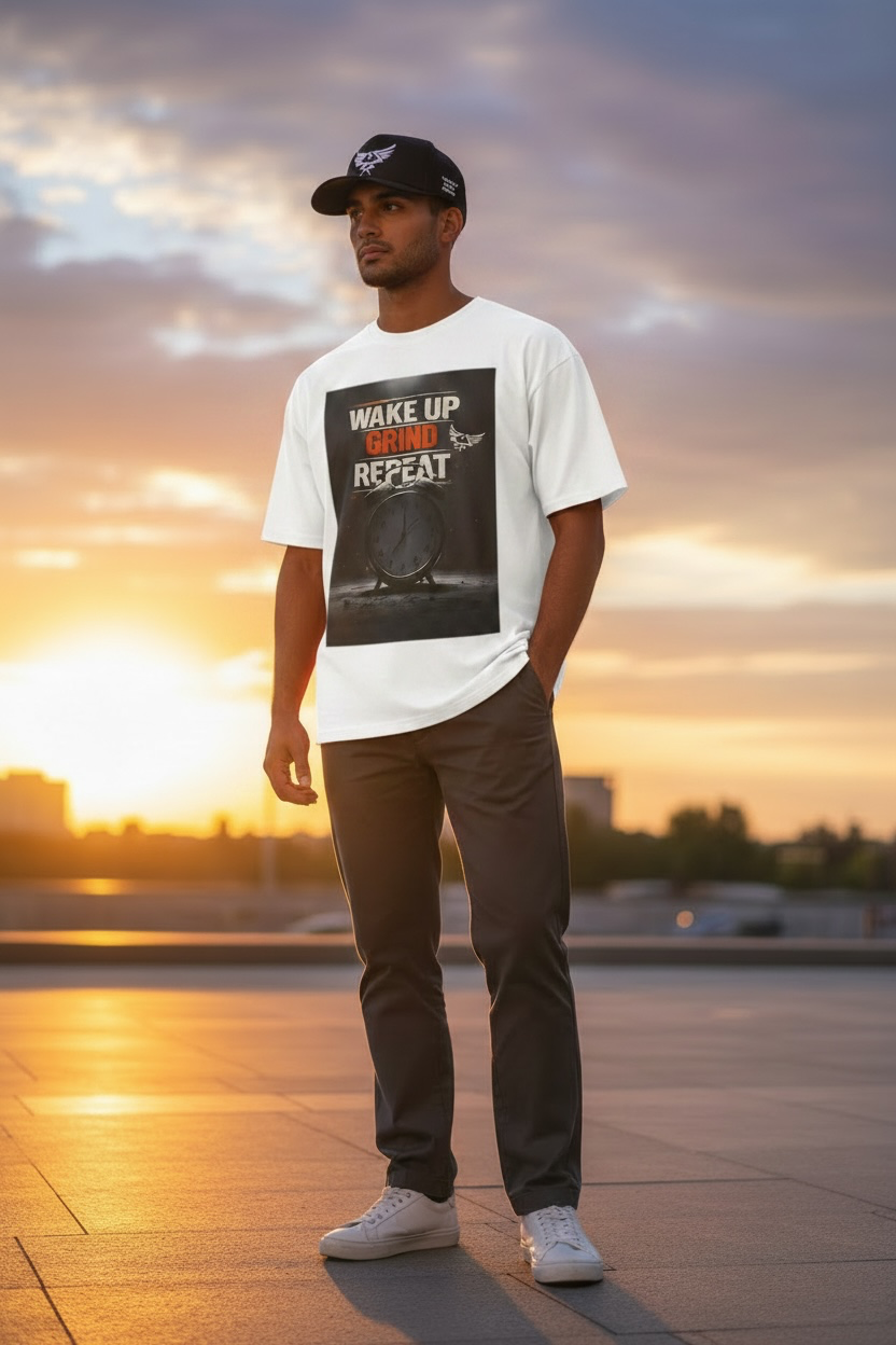 Model wearing XL shirt and matching black SnapBack hat