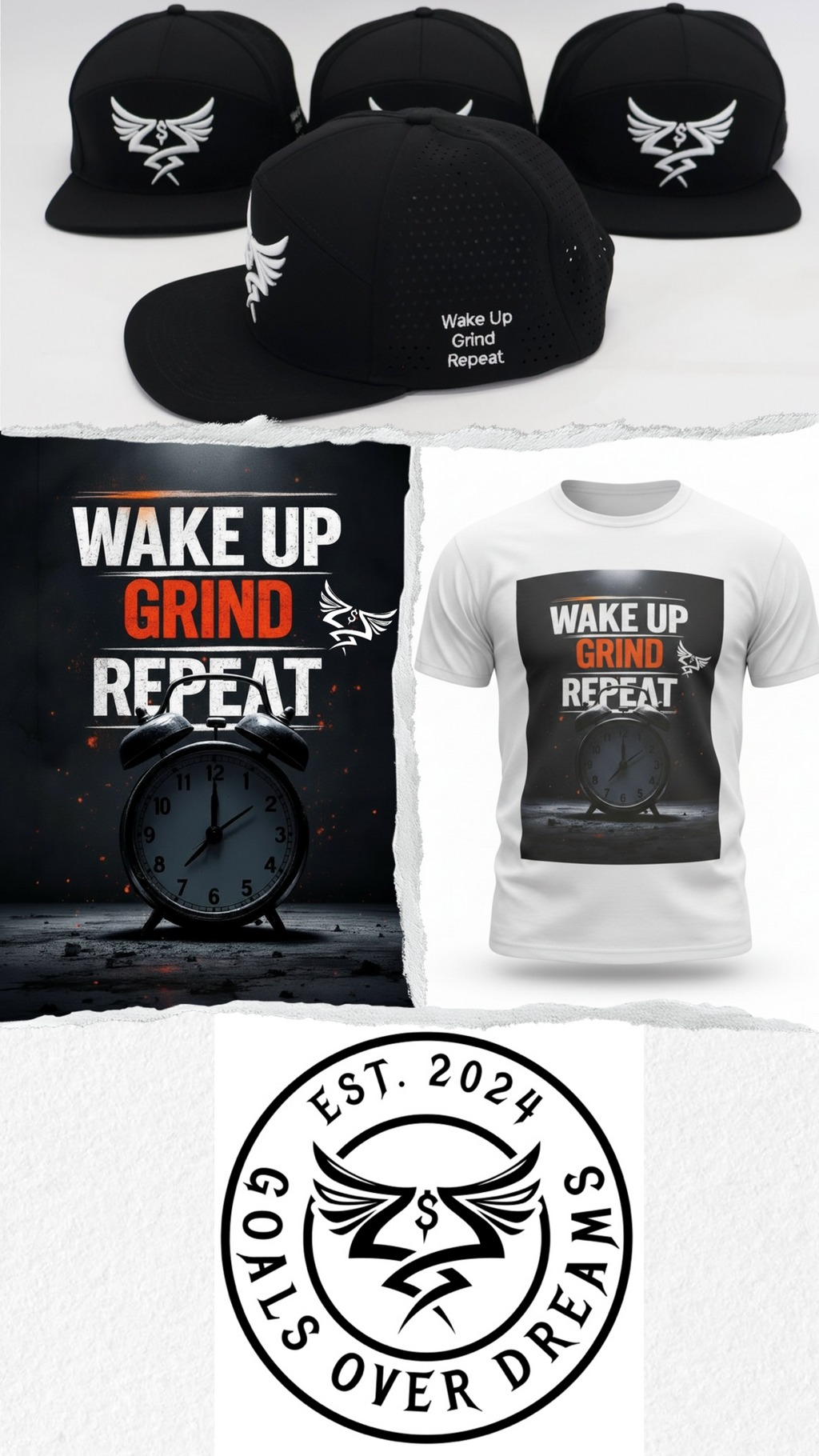 Black cap and t-shirt with 'Wake Up Grind Repeat design