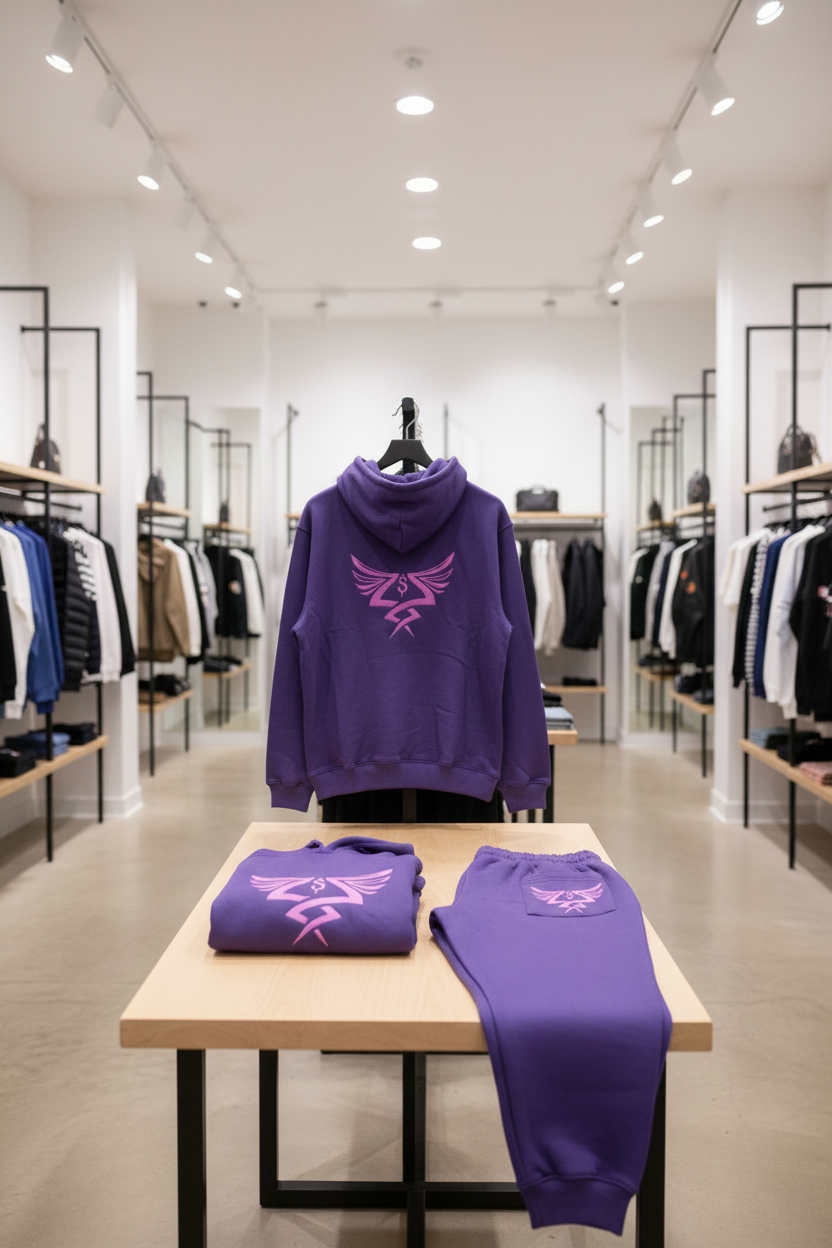 Back view of sweatsuit with winged logo in purple on back in rear pocket 