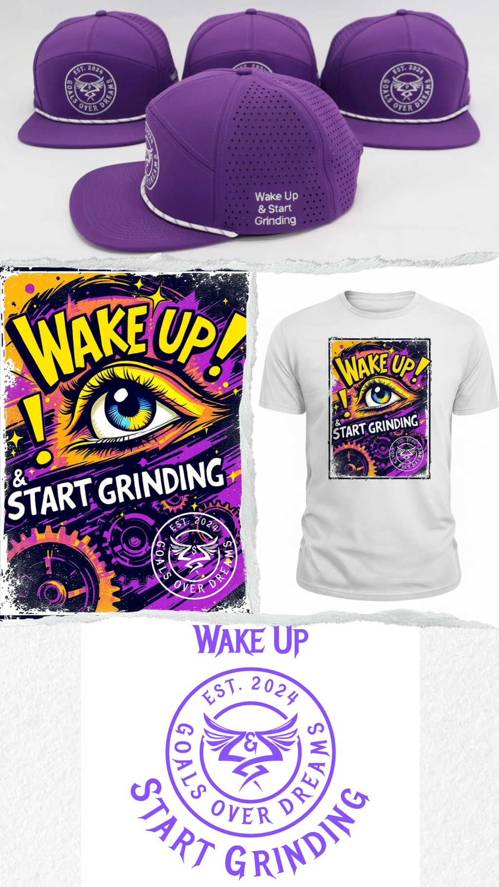 Purple cap and t-shirt with 'Wake Up & Start Grinding' design