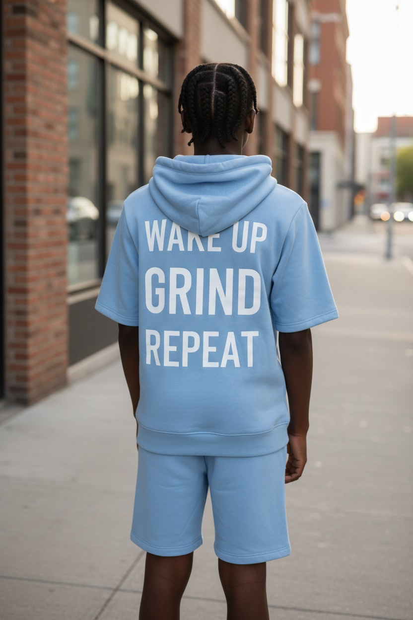 Model viewed from behind, wearing a light blue hooded sweatshirt and matching shorts with large white text on the back sweatshirt reading 'WAKE UP GRIND REPEAT'.