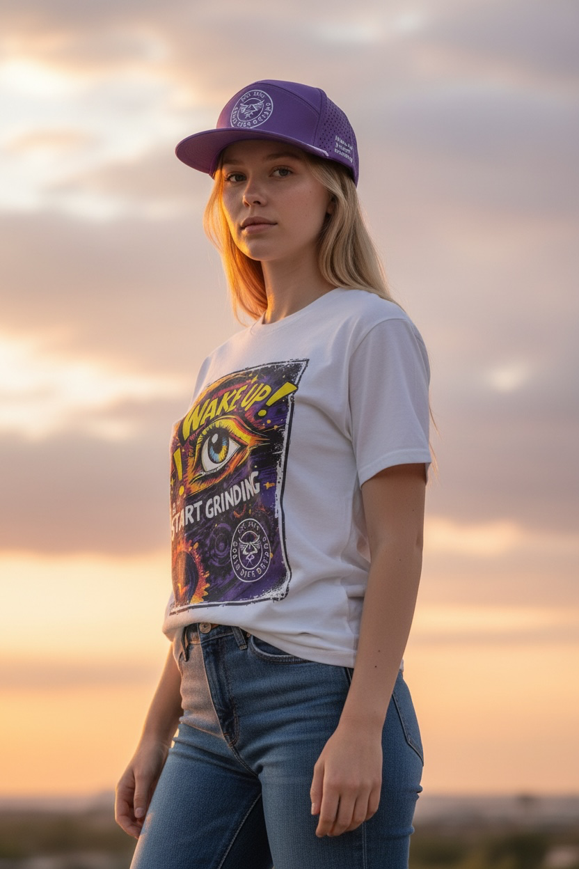 Model wearing a size small shirt with matching snapback hat