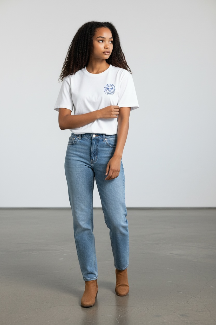 Front view of model in size medium shirt with left chest patch