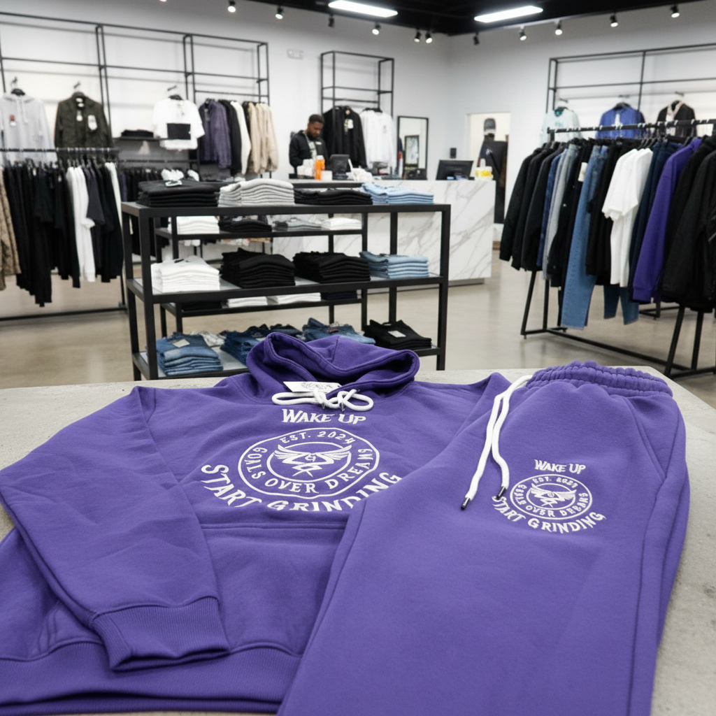 Purple sweatsuit with primary logo in white on chest and left thigh 