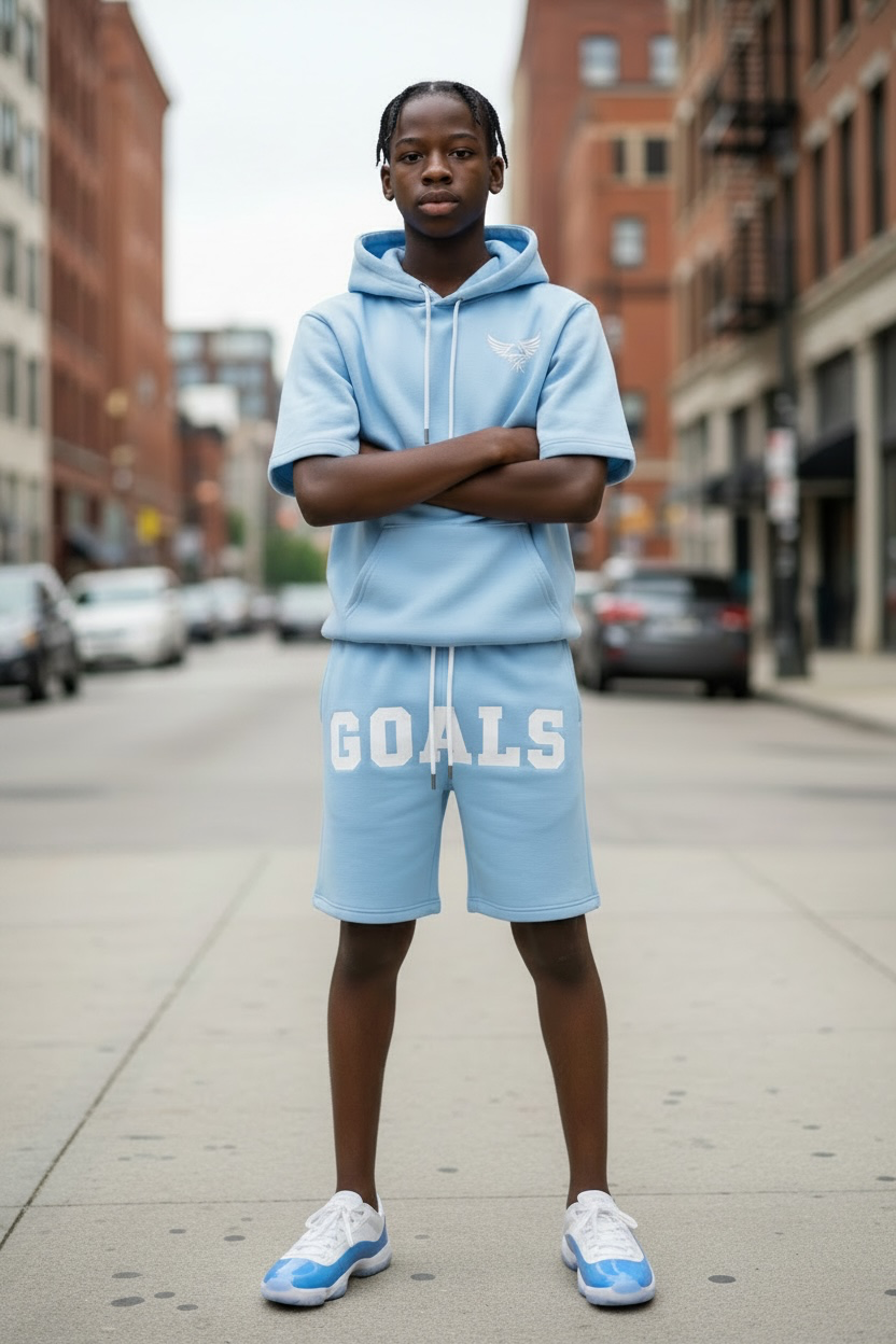 Model wearing a size small light blue hooded sweatshirt with winged logo on the left chest and matching shorts with the word 'GOALS' printed in white across the shorts. 