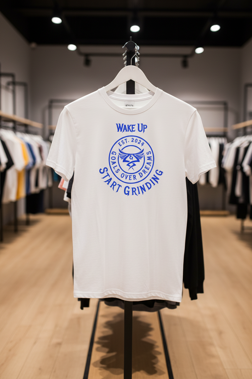 White t-shirt with blue graphic