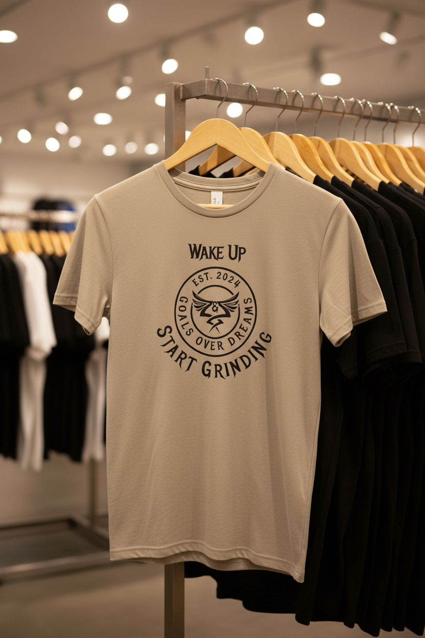 Beige t-shirt with black logo 
