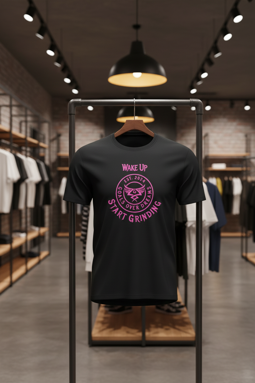 Black t-shirt with pink graphic