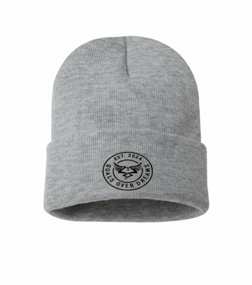 Gray beanie with black logo